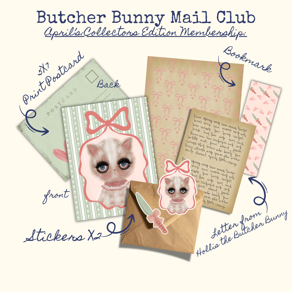 Butcher Bunny Mail Club collectible items including a postcard, letter, bookmark, and stickers on a white background.