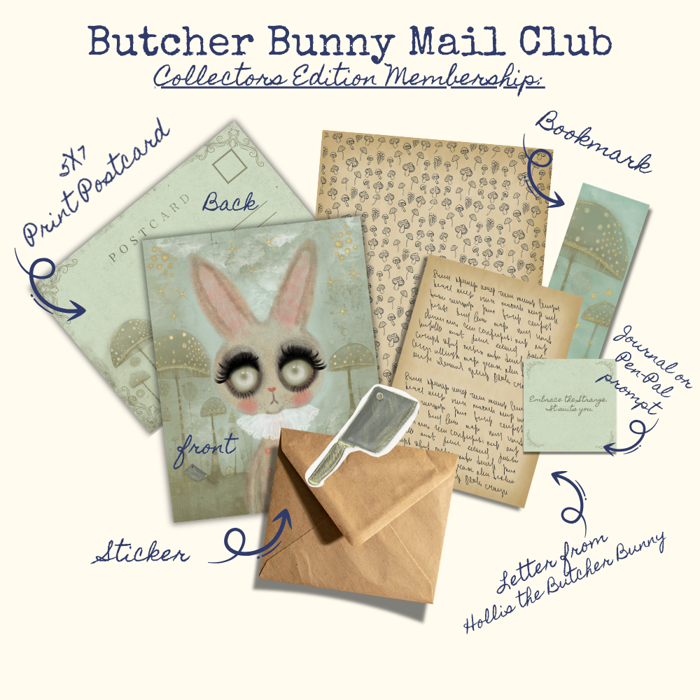 Butcher Bunny Mail Club collectible items including a postcard, envelope, and stationery set on a white background.