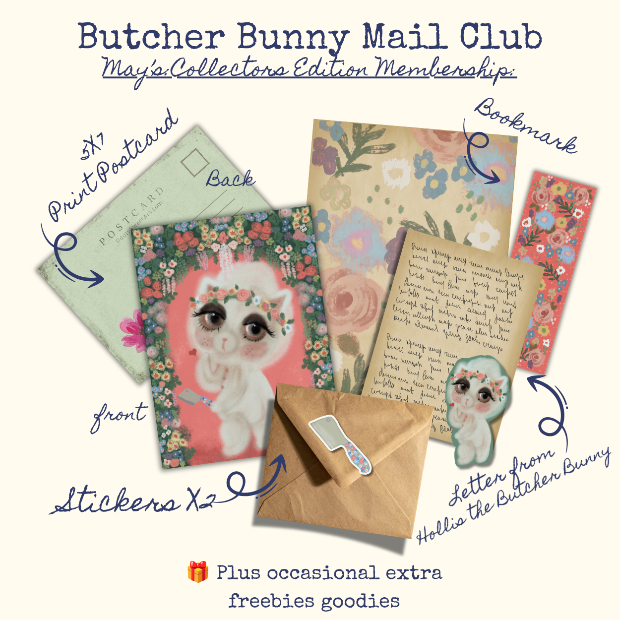 Butcher Bunny Mail Club membership package with stationery items and envelope on a white background