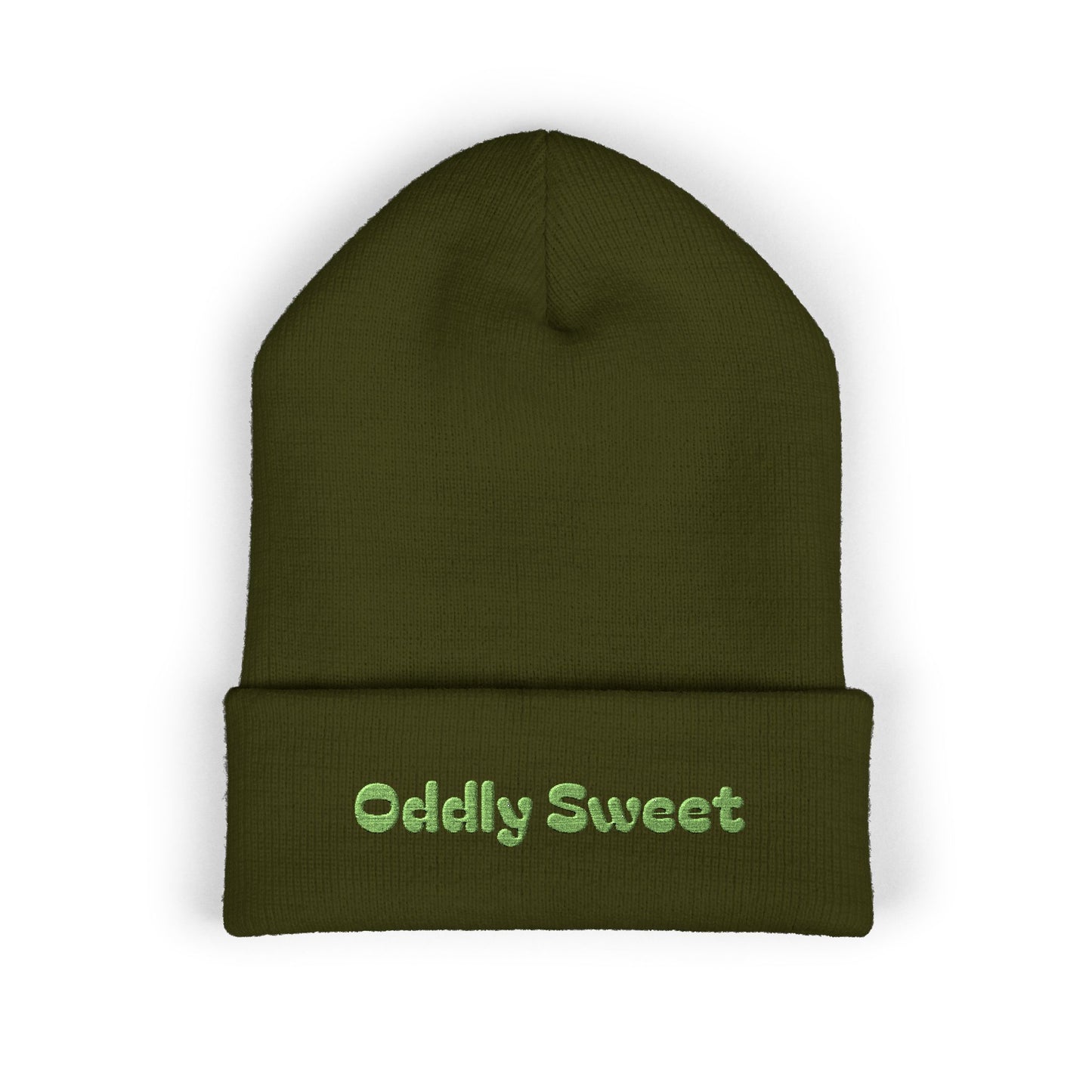 Oddly Sweet Embroidered Cuffed Beanie — Cozy Retro Script Winter Hat