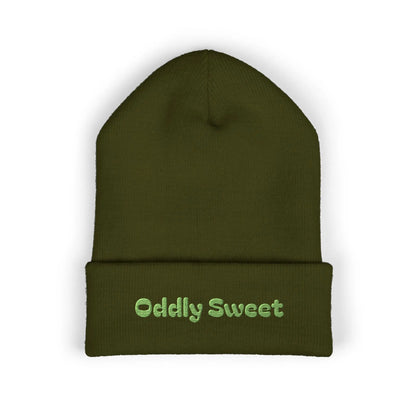 Oddly Sweet Embroidered Cuffed Beanie — Cozy Retro Script Winter Hat Printify