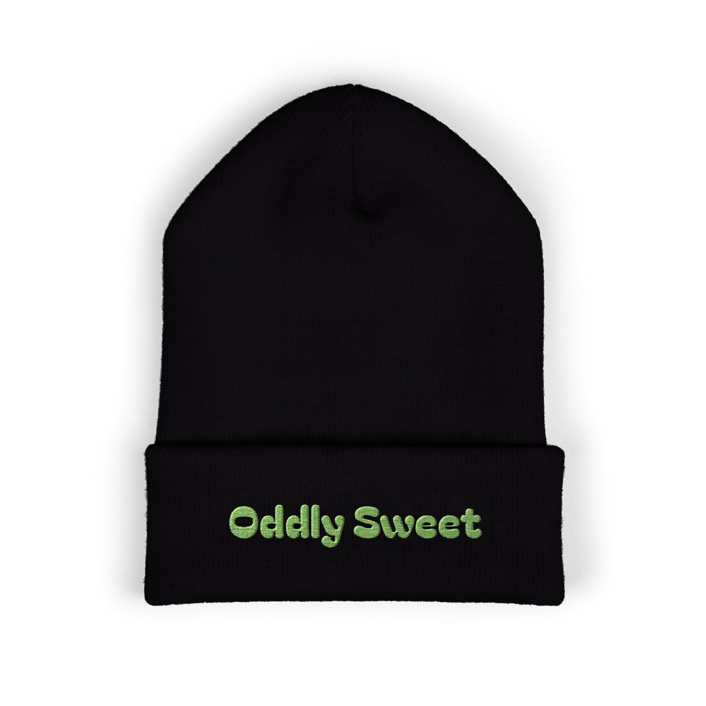 Oddly Sweet Embroidered Cuffed Beanie — Cozy Retro Script Winter Hat