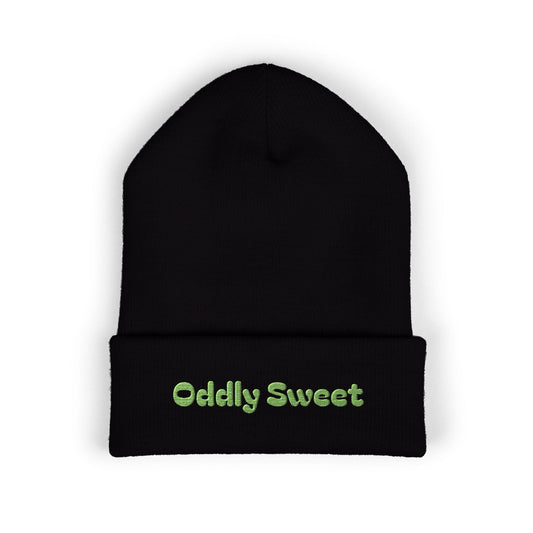 Oddly Sweet Embroidered Cuffed Beanie — Cozy Retro Script Winter Hat