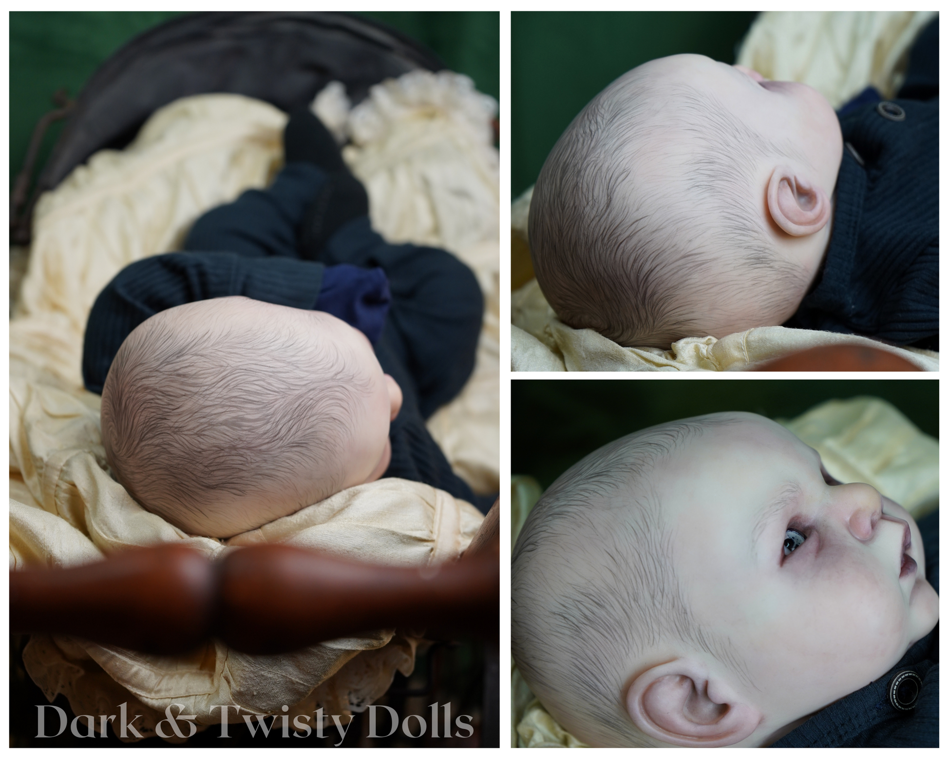 A collage showing a realistic baby doll from multiple angles. The doll has very fine hair, realistic skin texture, and is dressed in a dark navy blue outfit.