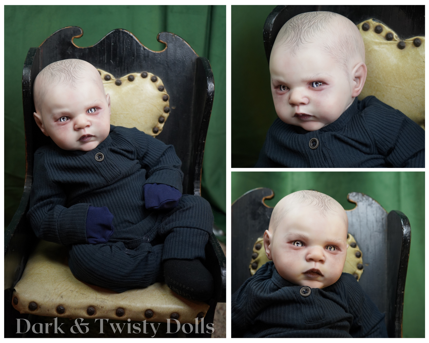 A collage of three photos showing a realistic-looking baby doll seated in a vintage black armchair with a beige cushion against a green backdrop. The doll wears a dark navy ribbed outfit with matching navy gloves.