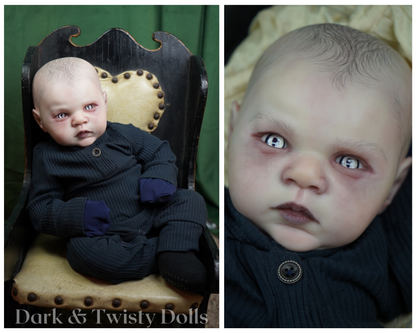 A split-panel photo showing a realistic baby doll seated in a vintage dark wooden chair on the left, and a close-up of the doll's face on the right. The doll wears a dark ribbed outfit with dark blue accents.