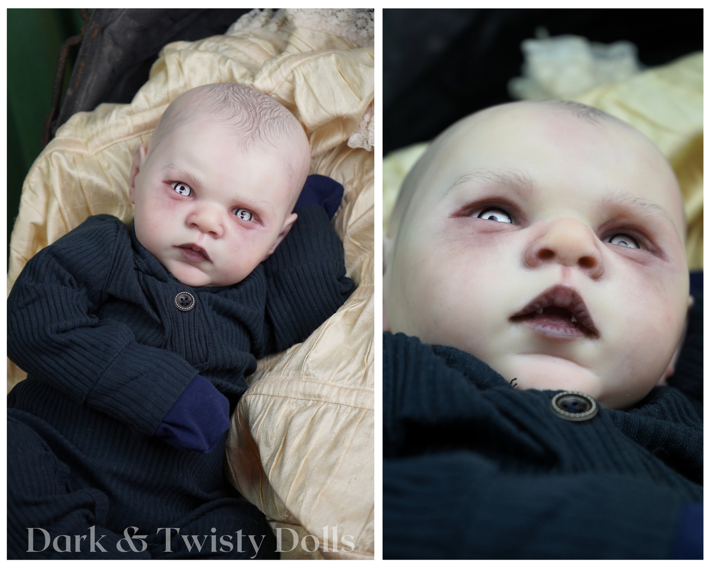 A split-screen close-up of a realistic baby doll wearing a dark ribbed knit outfit, with textured beige fabric in the background. The left panel shows the doll lying down, and the right panel is a tighter close-up of the face.