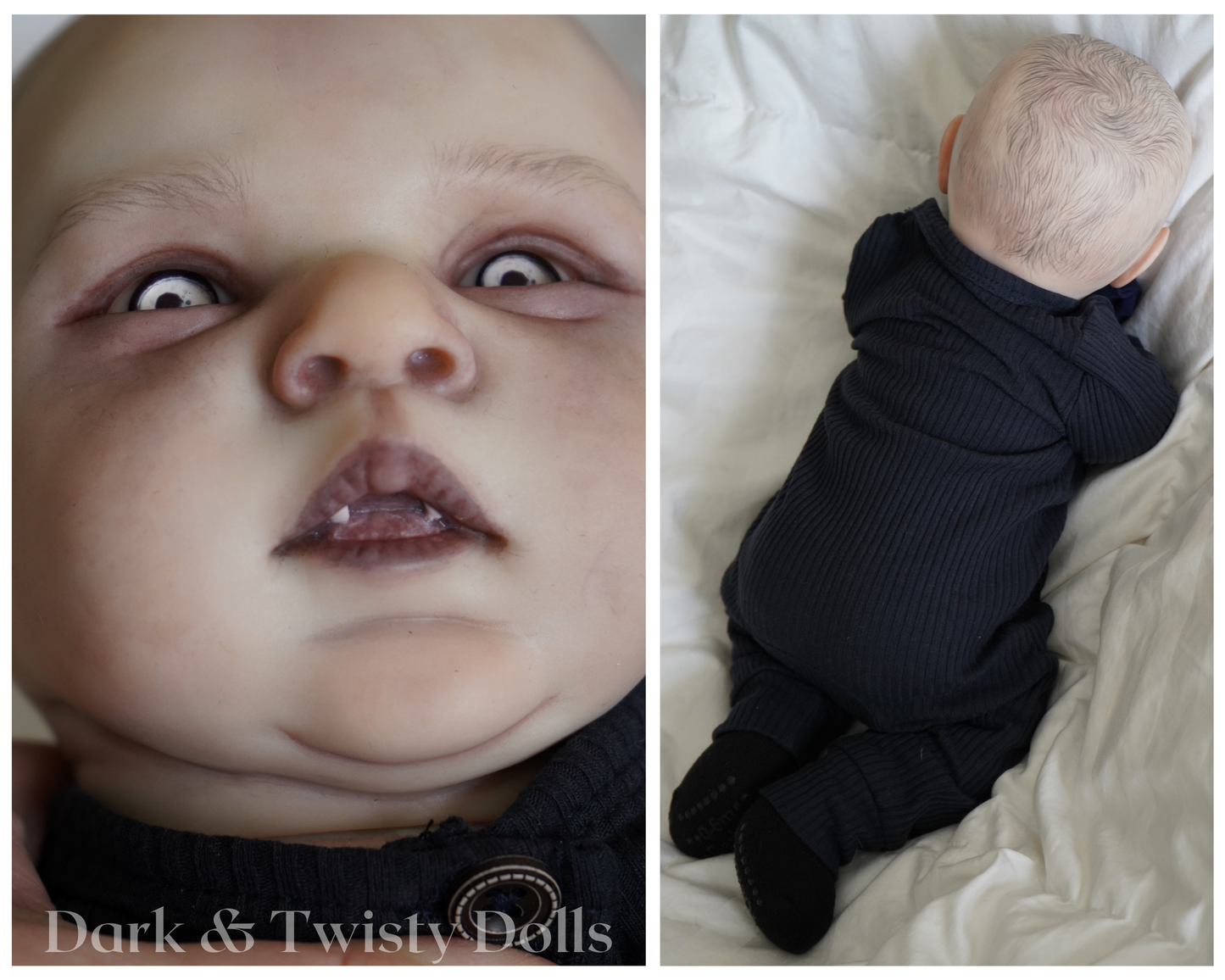 A split-panel photo showing a realistic baby doll or prop: a close-up on the left with wide eyes and a dark ribbed top, and a side view on the right lying on white bedding in the same dark outfit. The text 'Dark & Twisty Dolls' appears at the bottom left.