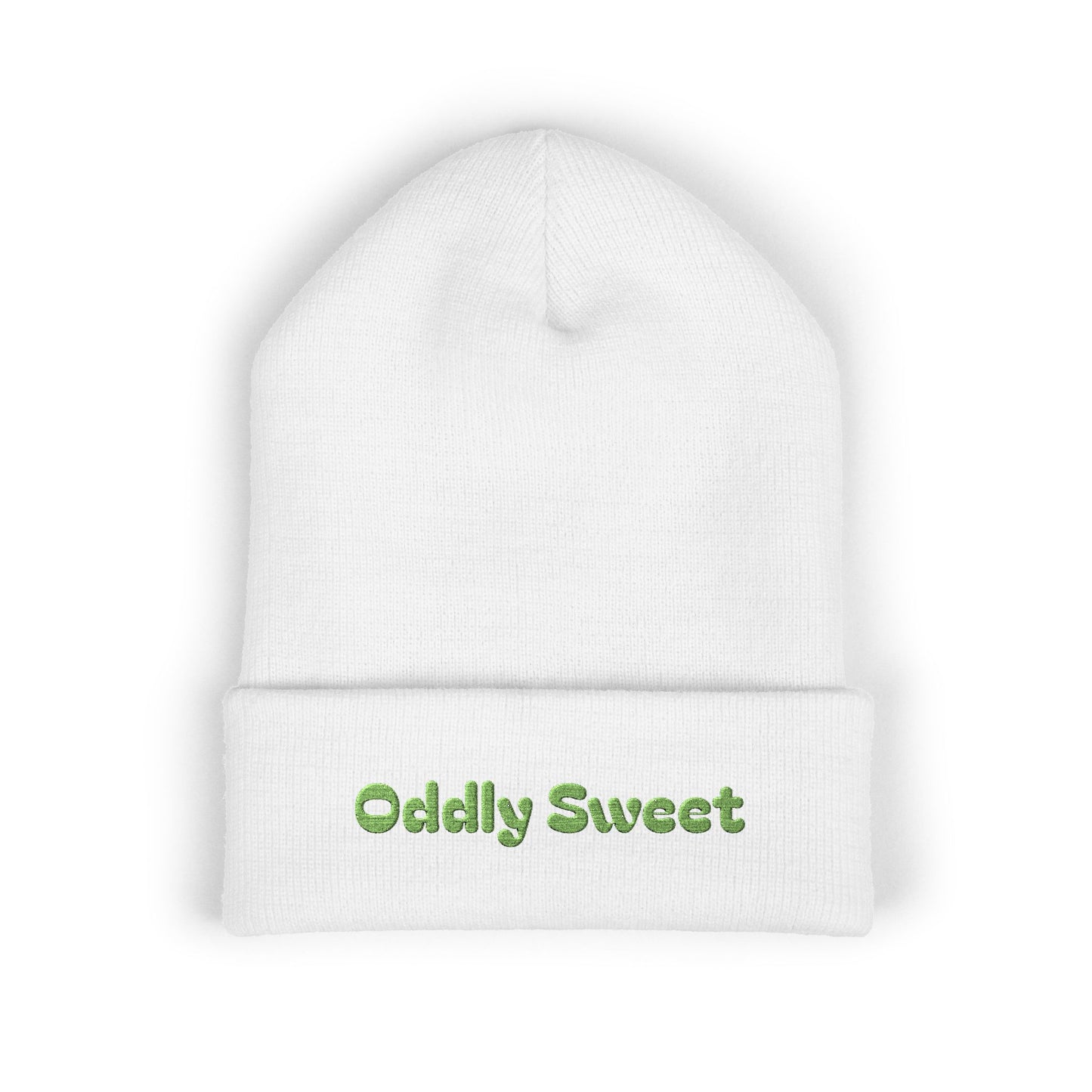 Oddly Sweet Embroidered Cuffed Beanie — Cozy Retro Script Winter Hat