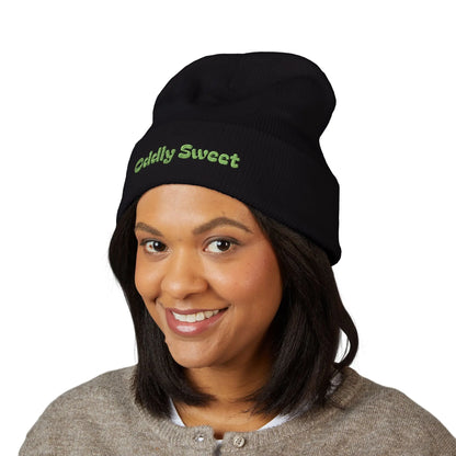 Oddly Sweet Embroidered Cuffed Beanie — Cozy Retro Script Winter Hat Printify