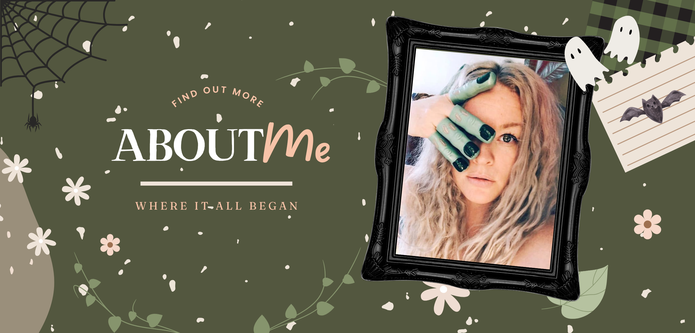 Promotional graphic with 'About Us' text and a photo of a room with decor items.
