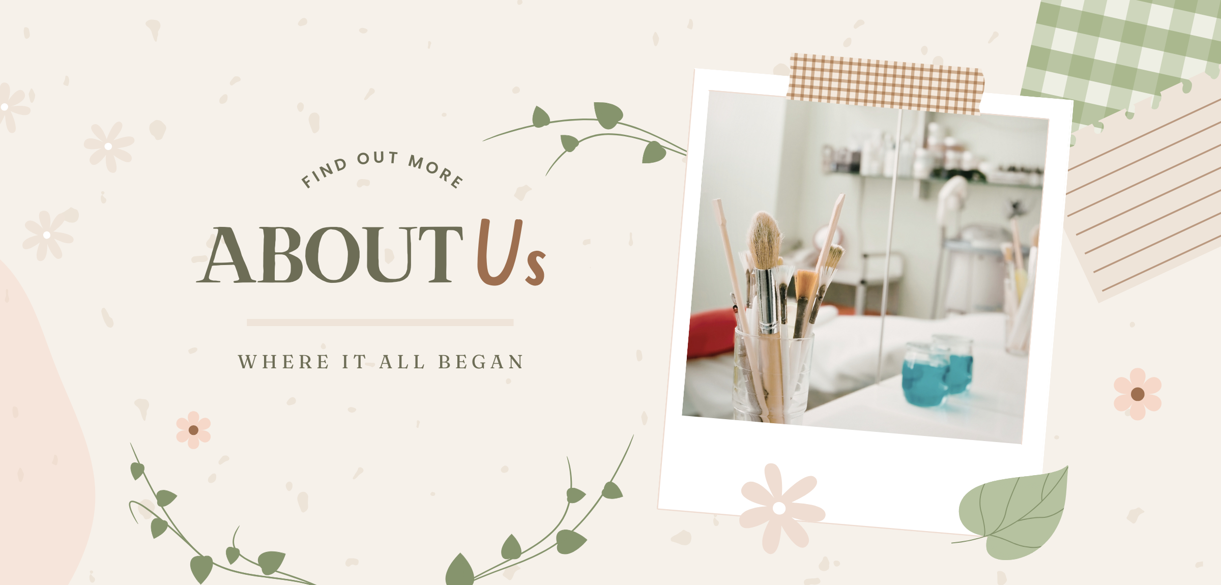 Promotional graphic with 'About Us' text and a photo of a room with decor items.