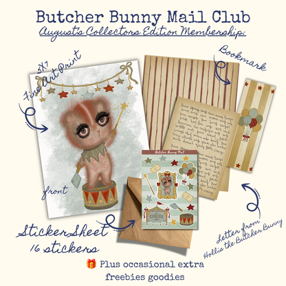 Butcher Bunny Mail Club Augusto Collectors Edition Membership set, featuring a front art print of a bunny in a drum, a bookmarks page, a letter from Hello the Butcher Bunny, a stickersheet with 16 stickers, and striped paper, all arranged on a cream background with handwritten labels.