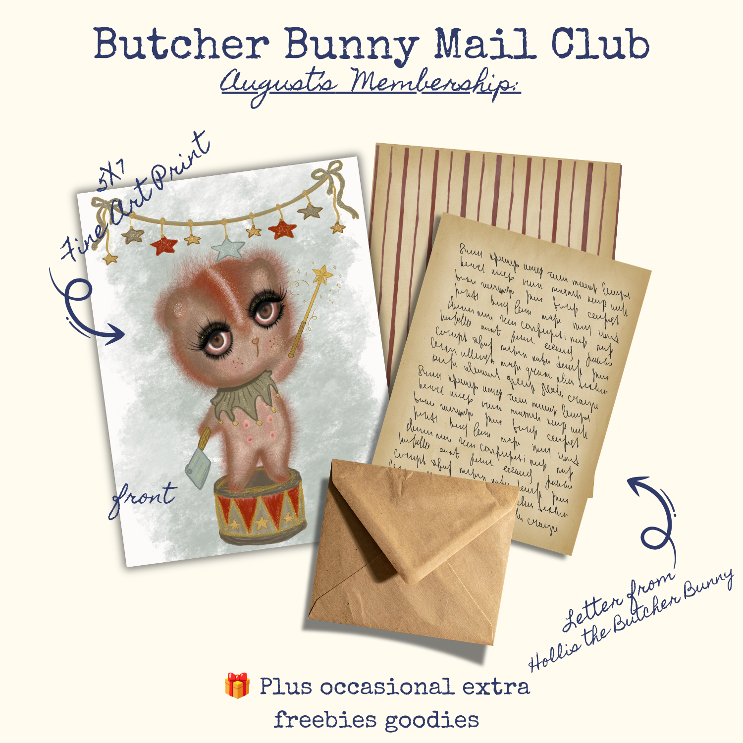 Promotional graphic for 'Butcher Bunny Mail Club' Augusto Membership, showing a front art print of a bunny in a drum, a handwritten letter, a striped card, and a kraft envelope on a cream background with decorative text.