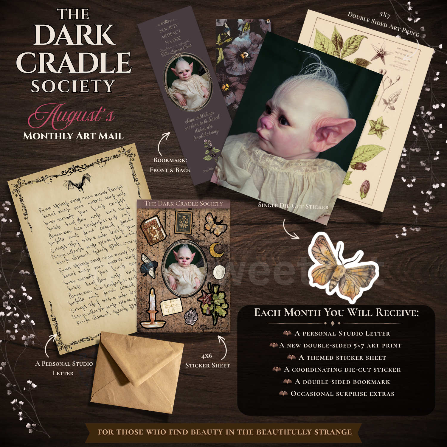 A flat lay of 'The Dark Cradle Society' August art mail contents on a dark wood background, featuring vintage-style cards, a letter, an envelope, stickers, and a list of included items.