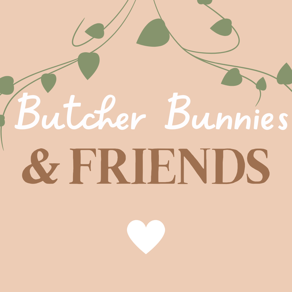 Beige background with 'Butcher Bunnies & Friends' text and heart symbol