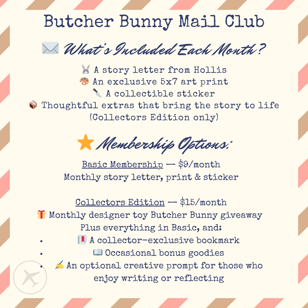 Butcher Bunny Mail Club membership information with colorful text and graphics.