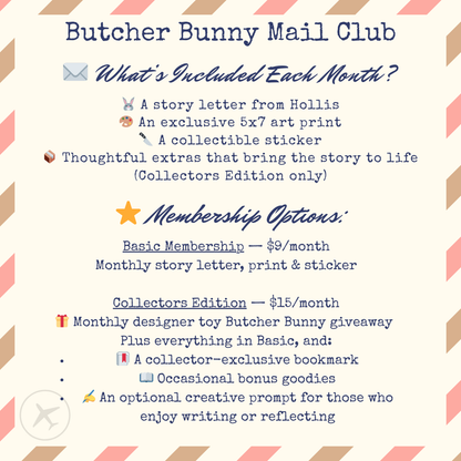 Butcher Bunny Mail Club membership information with colorful text and graphics.
