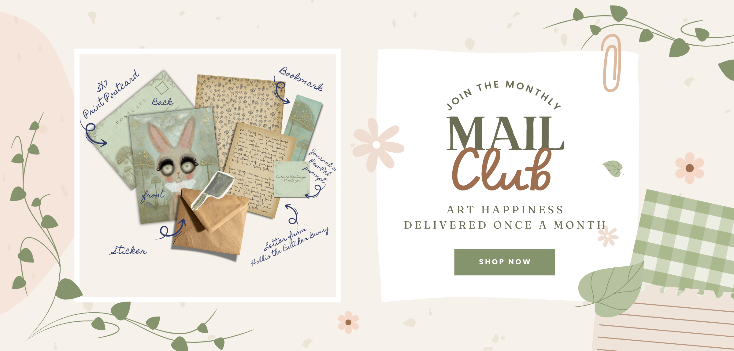 Promotional graphic for a monthly mail club with stationery items and call to action text.