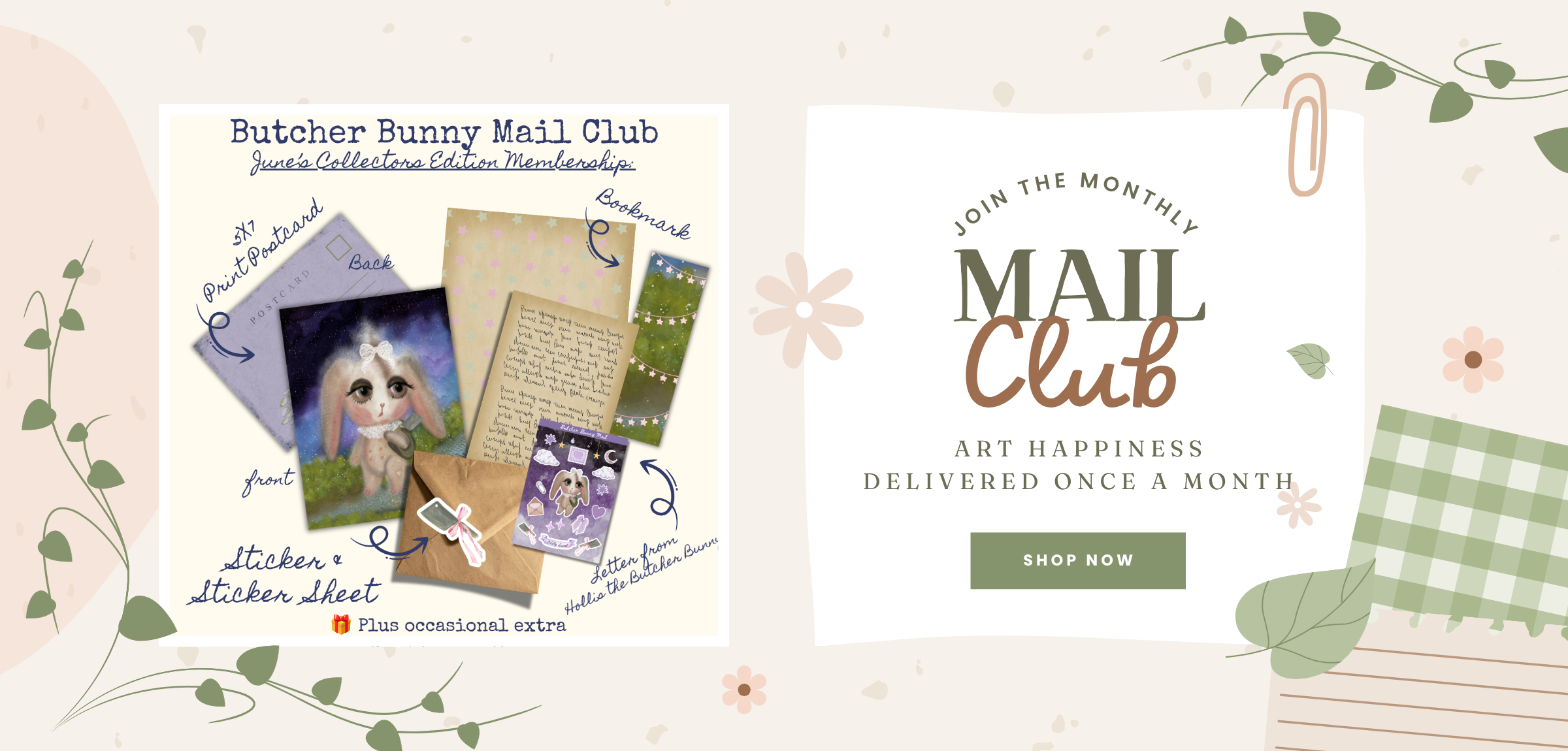 Butcher Bunny Mail Club advertisement with stationery items and promotional text on a light background.