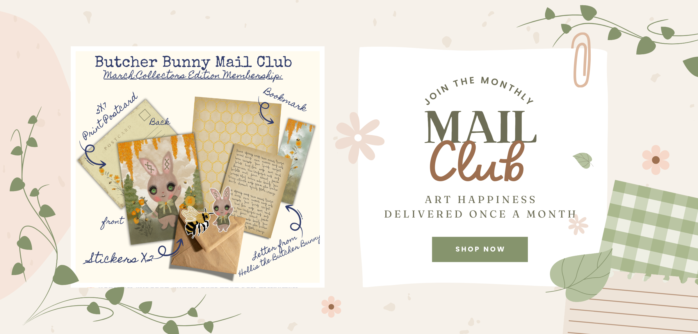 Butcher Bunny Mail Club promotional flyer with stationery items and call to action text.