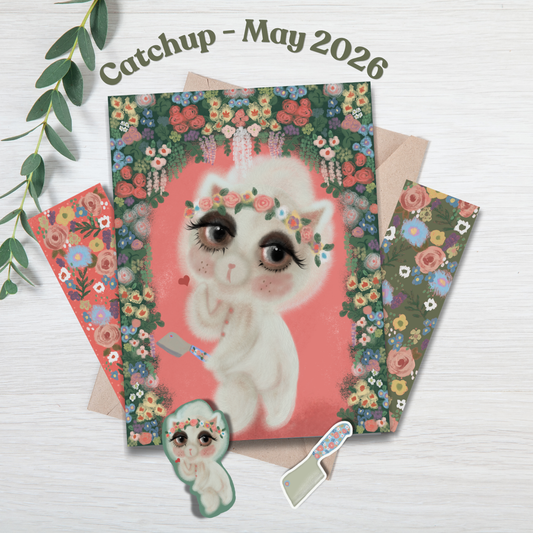 Floral-themed greeting card with a cute illustration of a cat, matching envelope, and bookmark on a white background.
