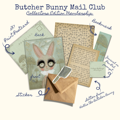 Butcher Bunny Mail Club collectible items including a postcard, envelope, and stationery set on a white background.
