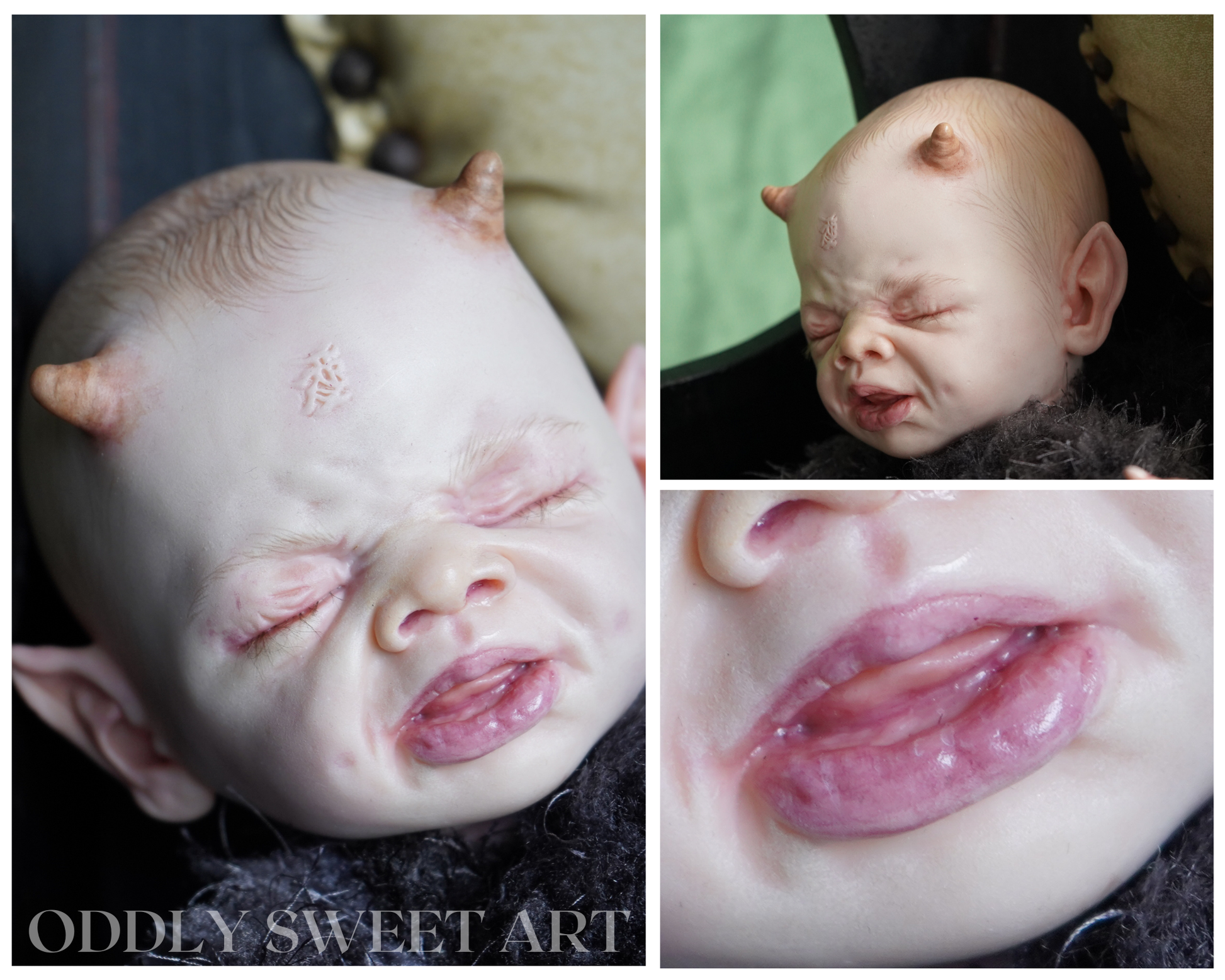 reborn baby doll fawn sitting on a black victorian rocking chair