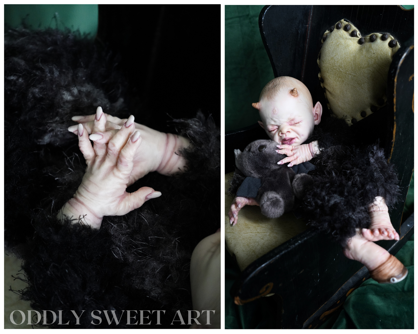 reborn baby doll fawn sitting on a black victorian rocking chair upclose details of hands