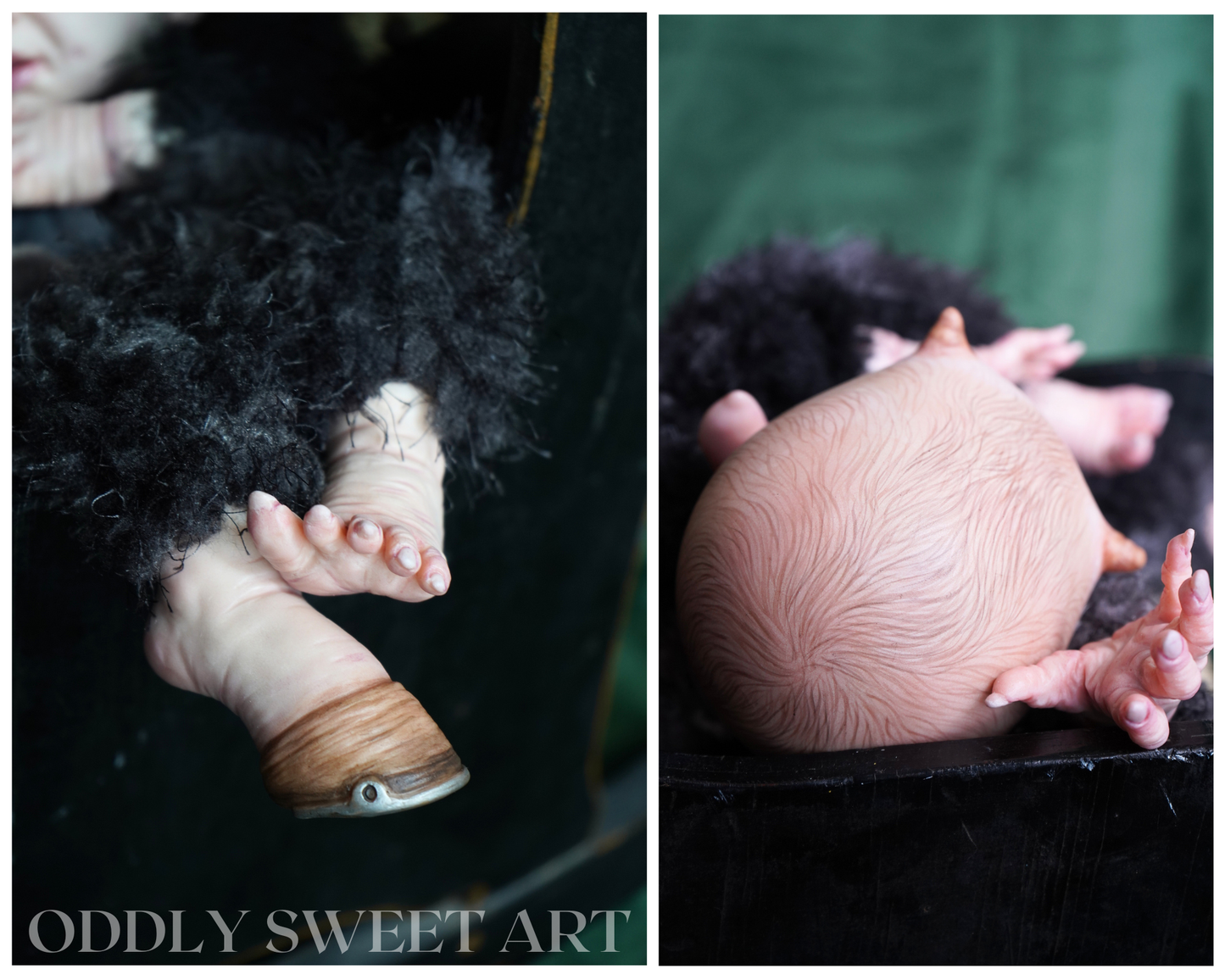 reborn baby doll fawn sitting on a black victorian rocking chair of painted hair