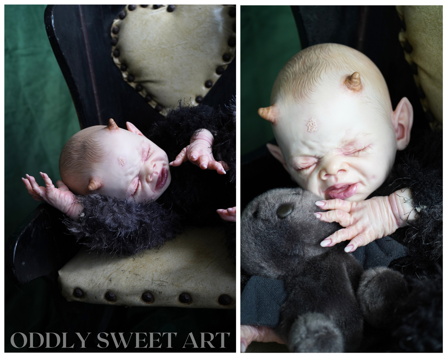 reborn baby doll fawn sitting on a black victorian rocking chair