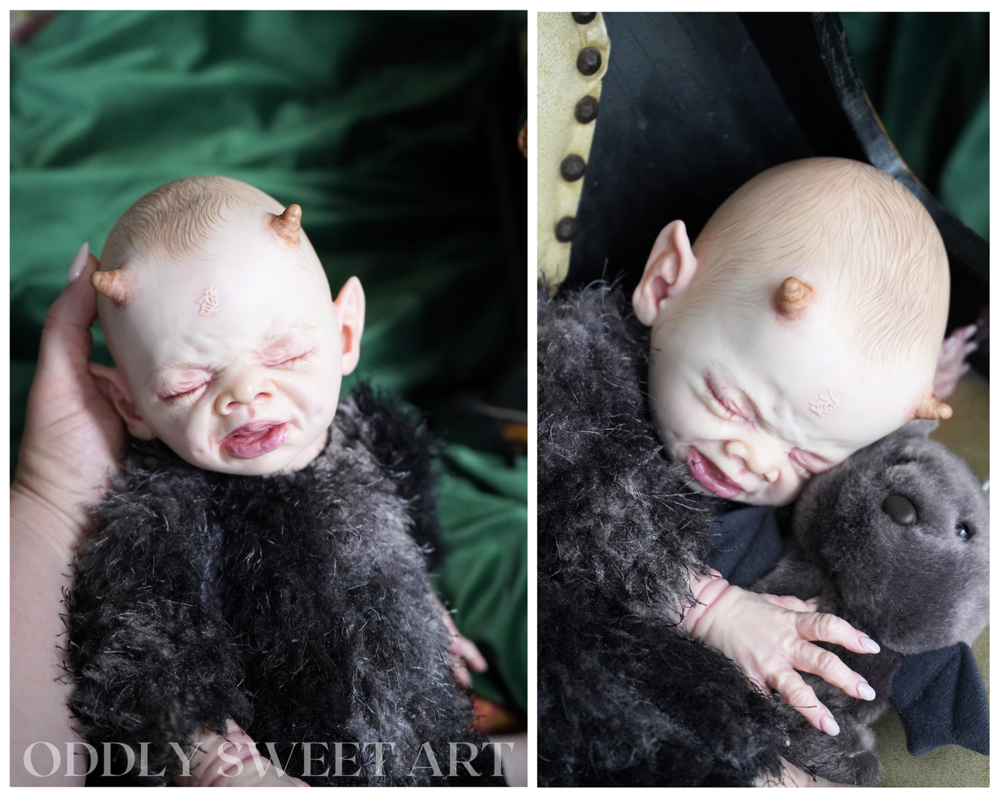 reborn baby doll fawn sitting on a black victorian rocking chair