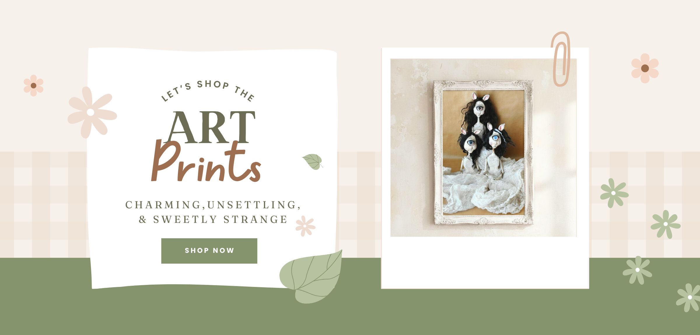 Promotional banner for art prints with a framed photo of two dogs and text inviting viewers to shop.