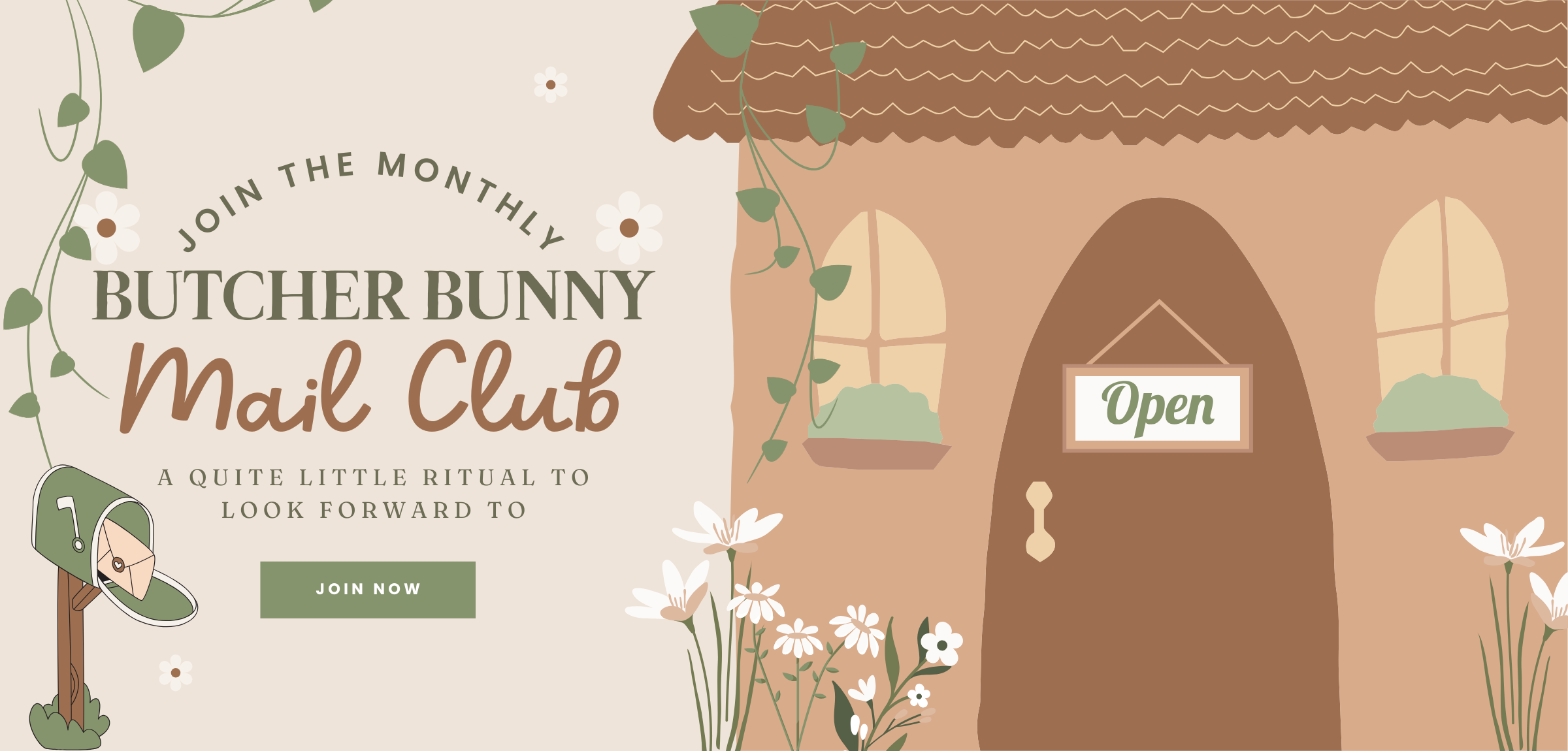 Butcher Bunny mail club promotional banner with a cute house and mailbox illustration.