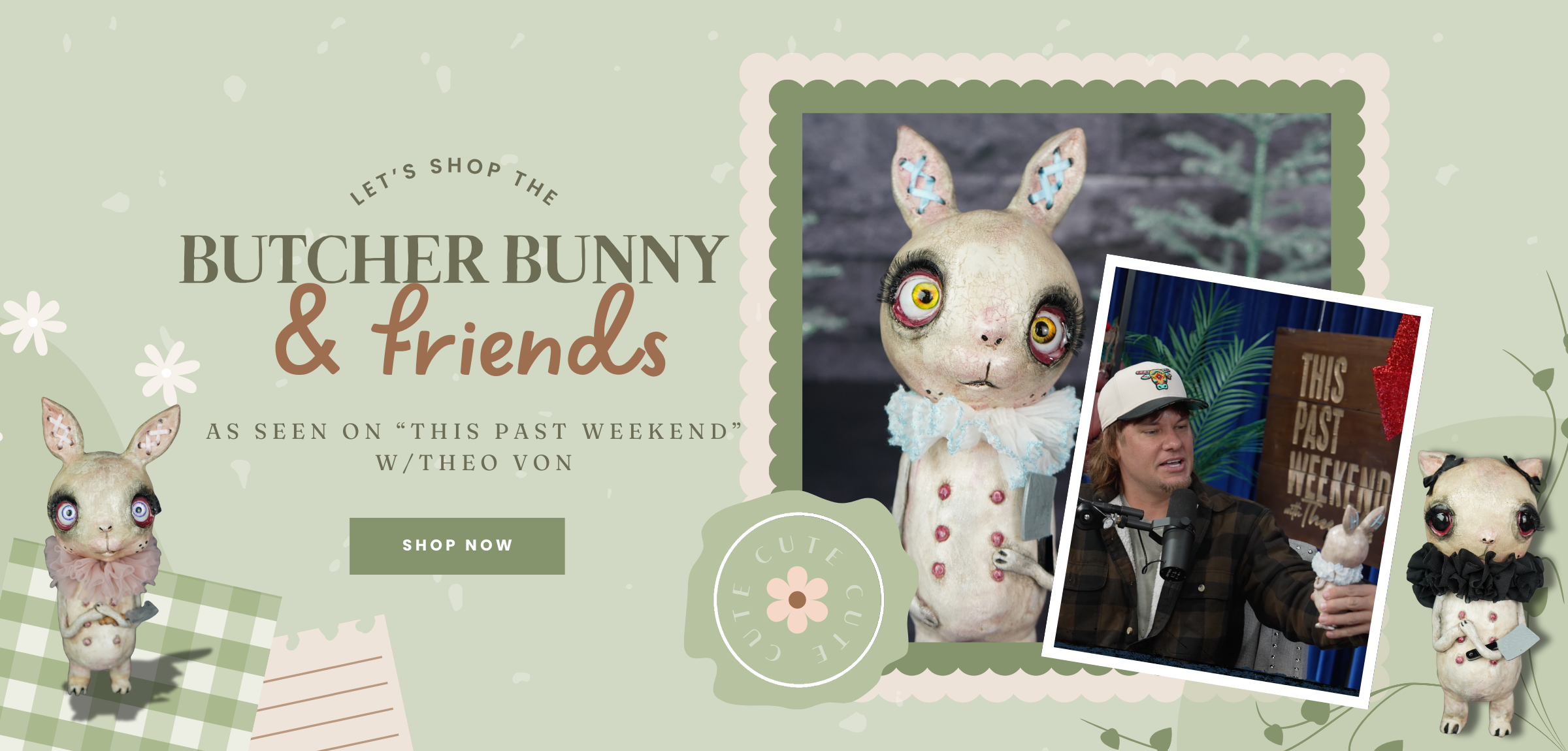 Promotional graphic for 'Butcher Bunny & Friends' featuring a rabbit-like creature and a person with text about shopping and a TV show for Theo Vons This past weekend.