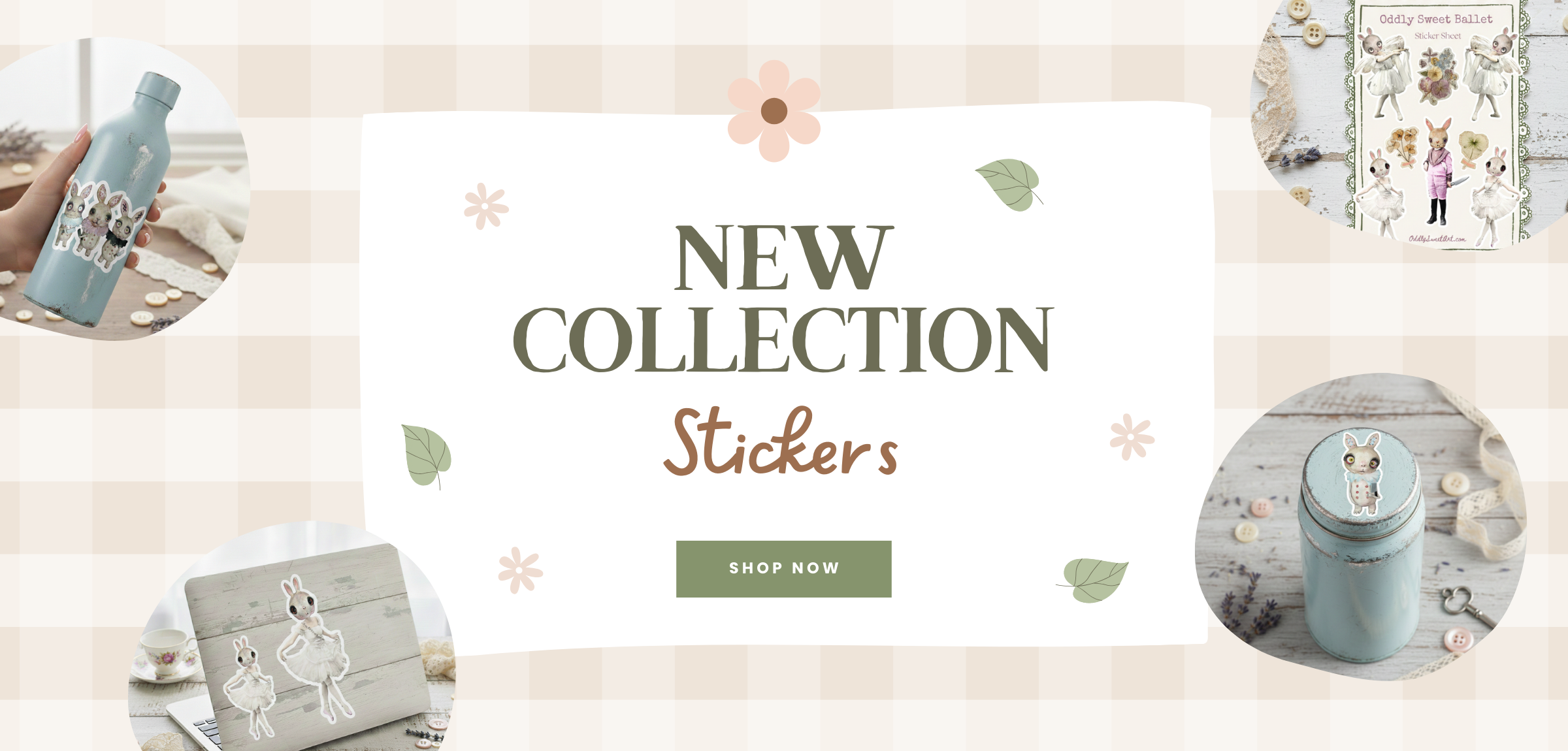 Promotional banner for a new collection of stickers with product images and 'Shop Now' button.