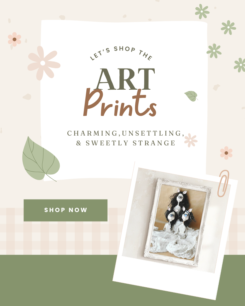 Promotional graphic for art prints with a dog illustration and 'Shop Now' button.