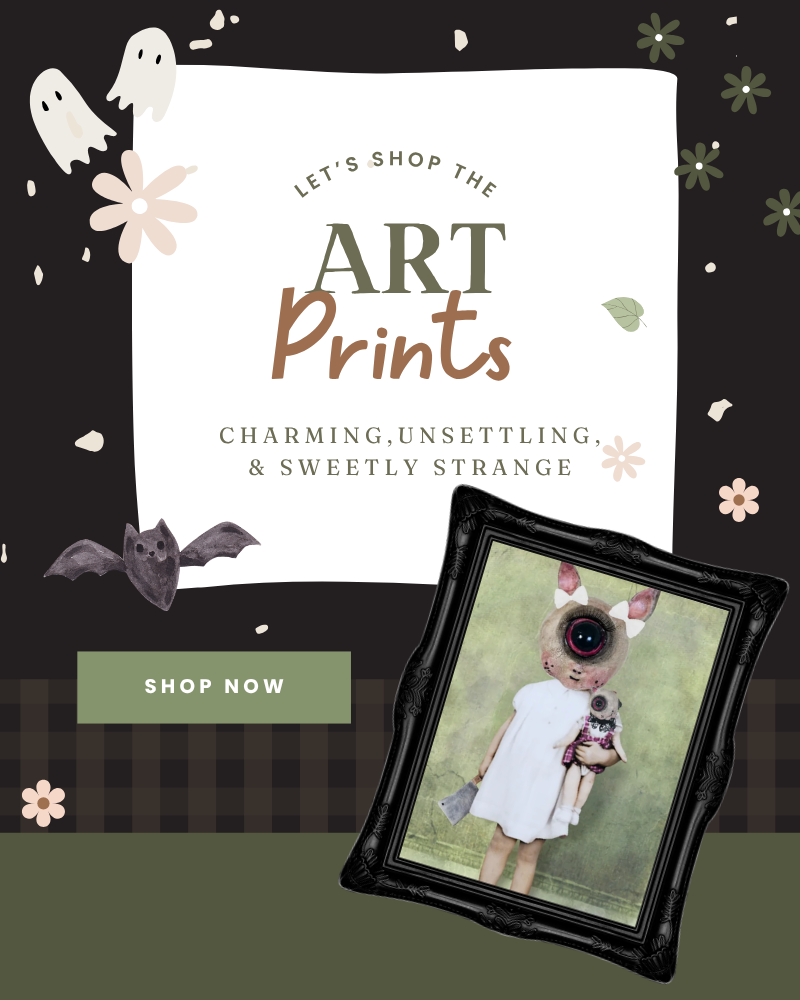 shop art prints banner with a cyclopse print and black victorian frame