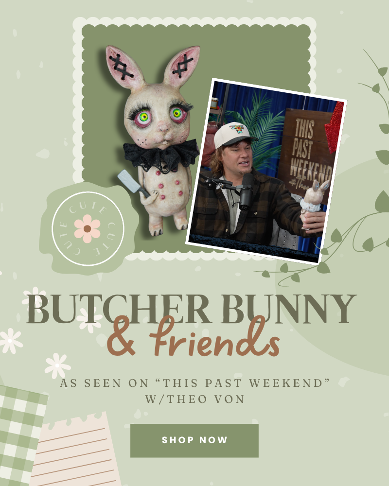 Advertisement for 'Butcher Bunny & Friends' featuring a rabbit figure and a person with text overlay on a green background.