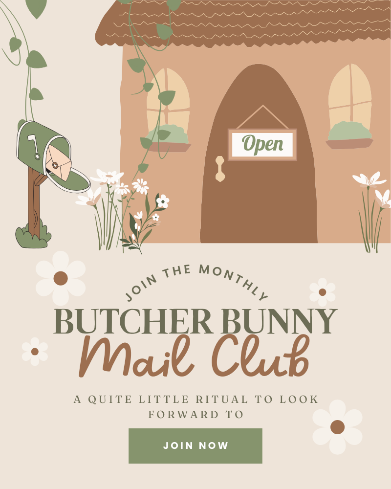 Advertisement for Butcher Bunny Mail Club with a house and mailbox illustration on a beige background.