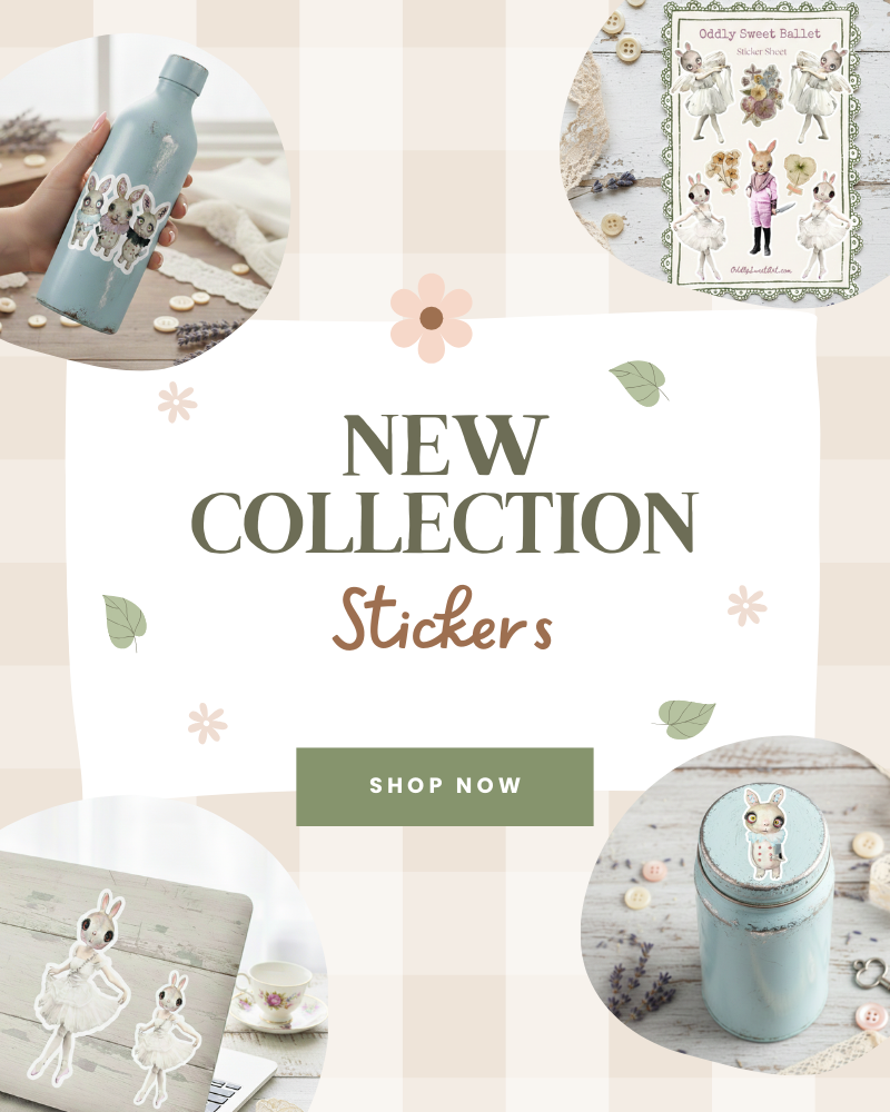 Promotional image for a new collection of stickers with various items and text on a light background.