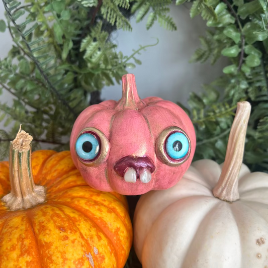 Decorative pumpkins with a pink one featuring eyes and a mouth, surrounded by greenery.