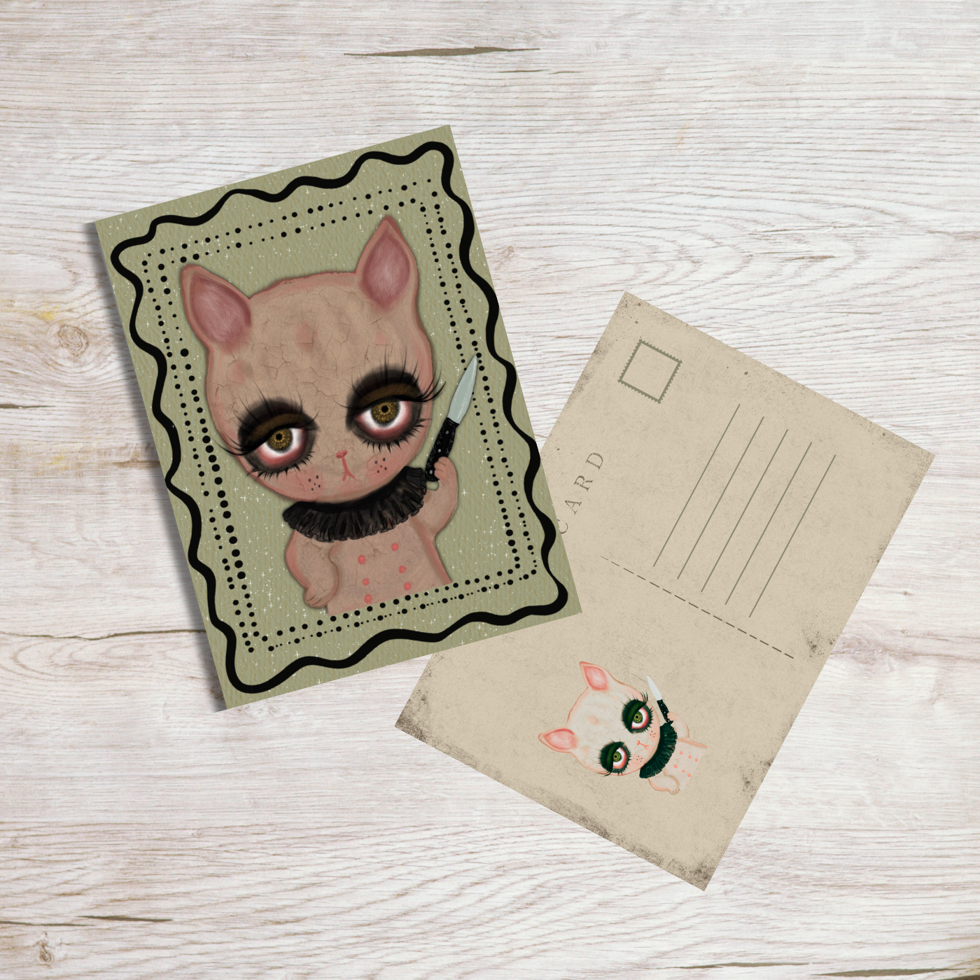 bunny holding a knife with a green background on a wood table top