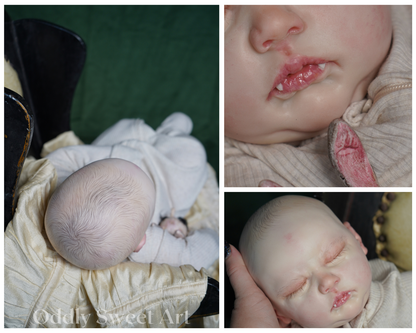 A three-panel collage showing a highly detailed realistic baby doll or reborn baby figure. The left panel shows the doll lying on its back wearing a white outfit and cream-colored ruffled blanket, viewed from behind.