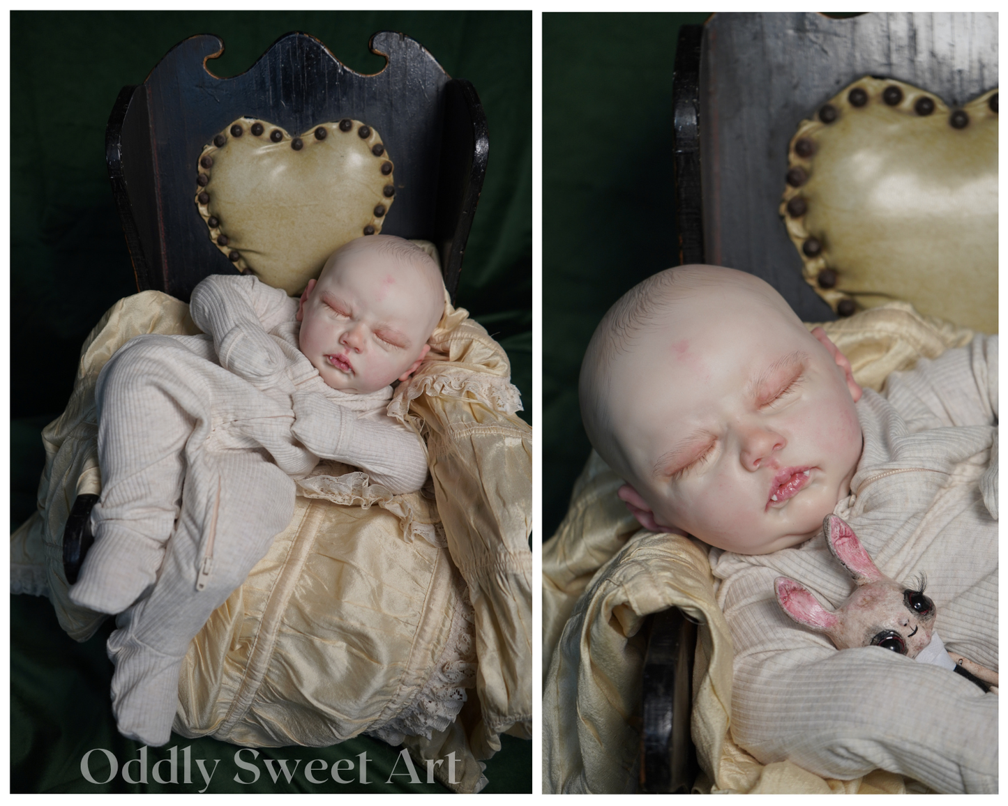 A split-panel product photo showing a realistic sleeping doll or prop baby posed in a dark wooden chair with a heart-shaped upholstered backrest, draped in cream satin fabric. The left panel shows the full figure, and the right panel is a close-up of the face and upper body.