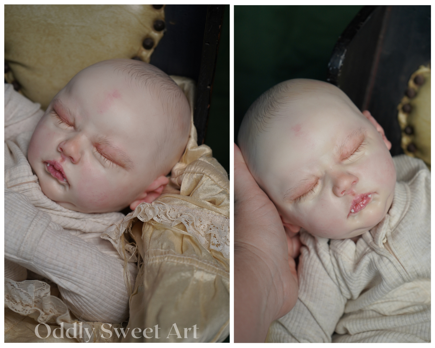 A side-by-side close-up of a realistic doll or collectible baby figure shown in two views. The figure has pale skin, closed eyes, a small pink nose, and is dressed in a cream-colored textured outfit.