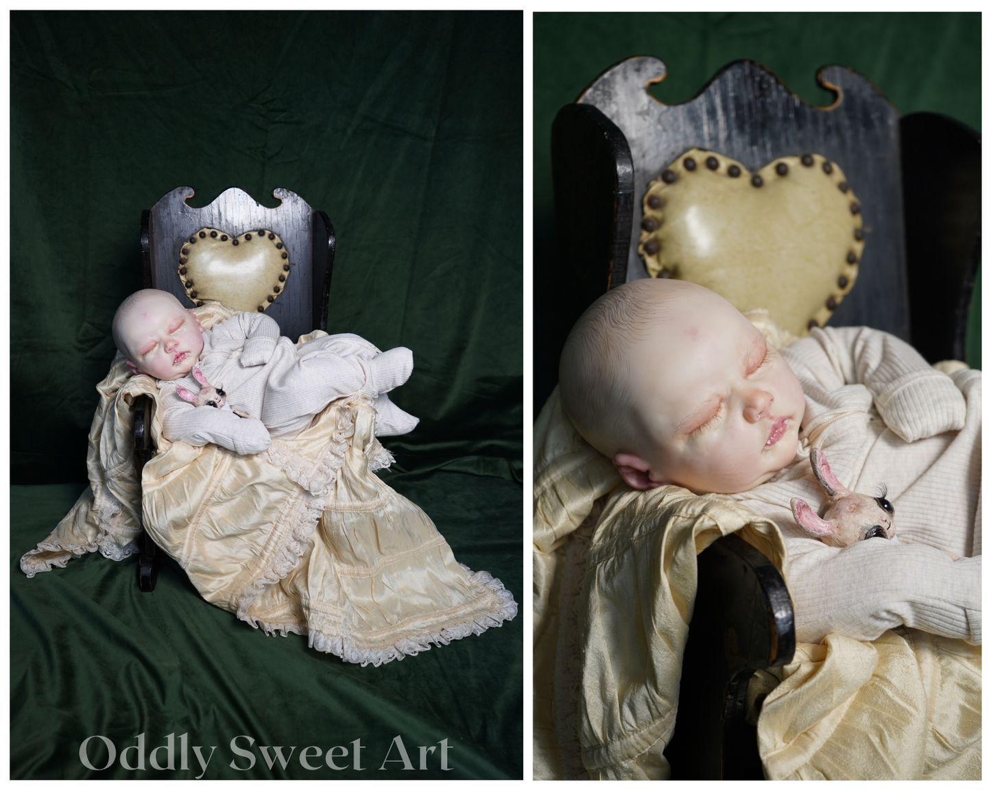A split-panel photograph showing a sleeping doll or baby figure wrapped in cream satin fabric, posed in a dark wooden chair with a heart-shaped cushion against a dark green backdrop. The left panel shows a full view with the text 'Oddly Sweet Art' at the bottom, and the right panel is a close-up of the figure's face and upper body.
