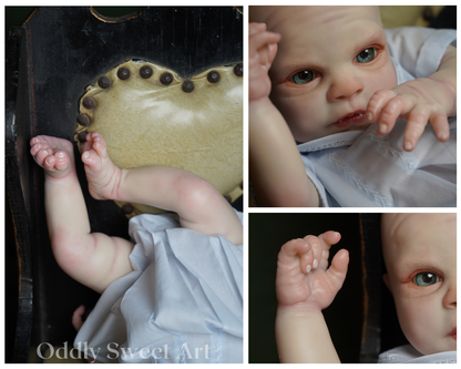 A three-panel collage showing a realistic baby doll or reborn baby figure: one panel shows the legs and feet, one shows the face and hands, and one shows a close-up of the hand and eye. The doll wears a pale blue outfit and is posed against dark furniture.