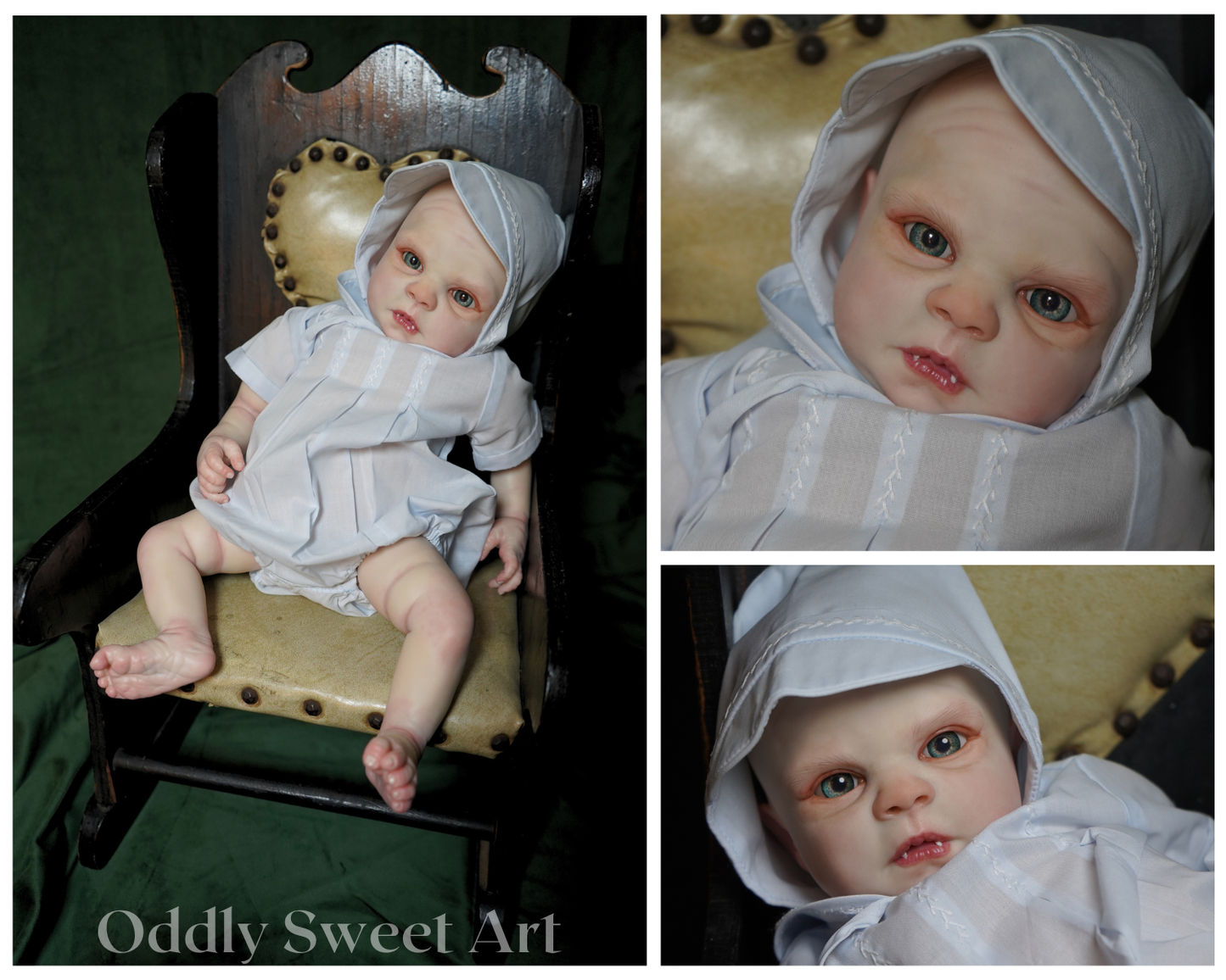 A collage showing a realistic baby doll wearing a white bonnet and short dress, posed on a wooden chair in one panel and shown in two close-up facial views in the other two panels. The text 'Oddly Sweet Art' appears at the bottom.