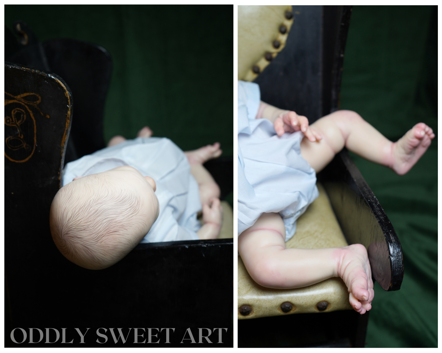 A split-panel photograph showing a baby doll or posed figure in a light blue outfit, posed on a dark wooden chair against a dark green backdrop. The left panel shows the head and upper body, while the right panel shows the legs and feet.